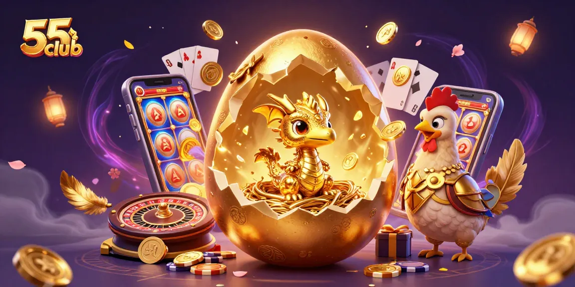 Engage with 55club's vibrant 3D casino scene featuring a golden baby dragon among slot games and poker chips.