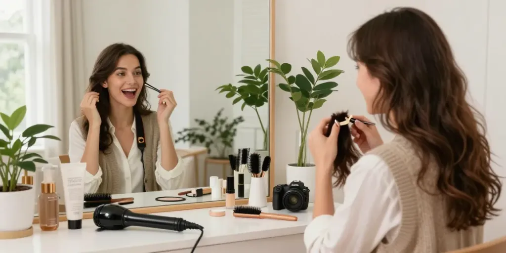 Stunning human hair clip ins being styled by a woman at her vanity, showcasing a vibrant beauty atmosphere.