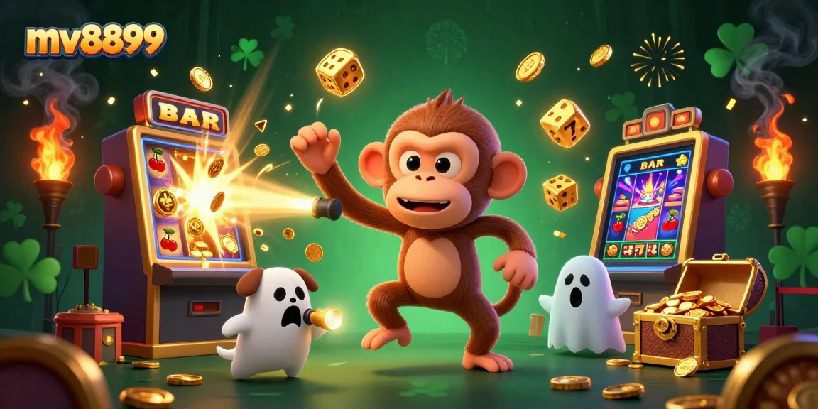 Catch the excitement of mv8899 with a mischievous monkey and ghost-hunter in a haunted casino scene.