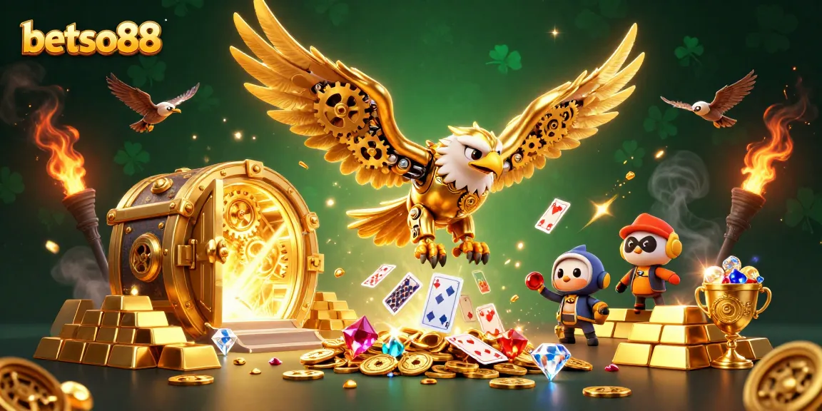 Betso88 players enjoy thrilling gaming experiences with a dynamic illustration of a golden eagle amidst holographic cards.