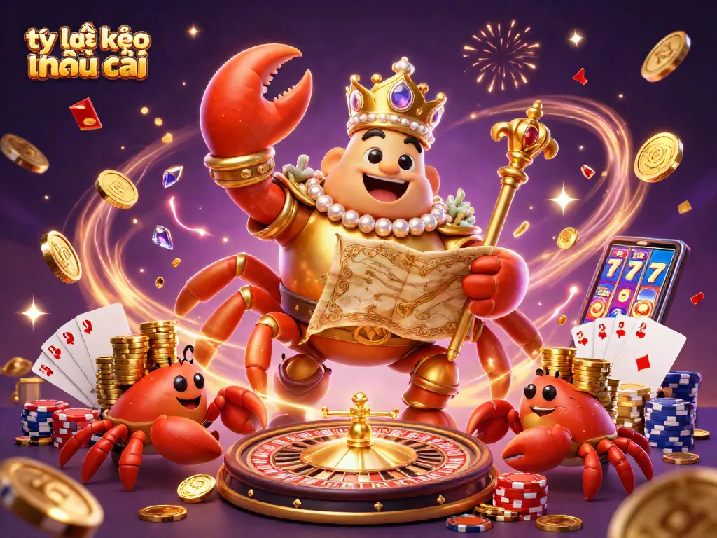 Explore tỷ lệ kèo nhà cái with vibrant 3D illustration of a golden crab emperor amidst casino action.
