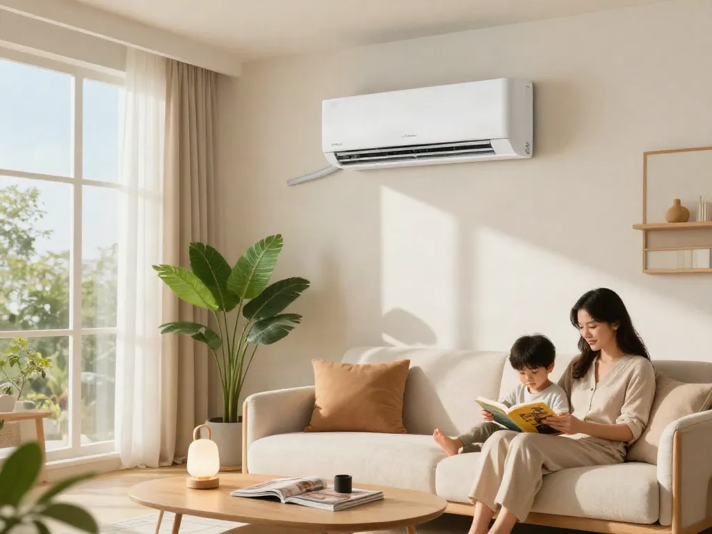 Family enjoying comfort in a bright living room with an 18k mini split air conditioning unit.