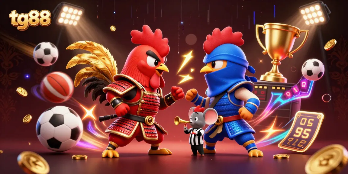 Engage in the thrill of tg88 with a dramatic cockfighting showdown featuring 3D cartoon roosters in samurai and ninja gear.