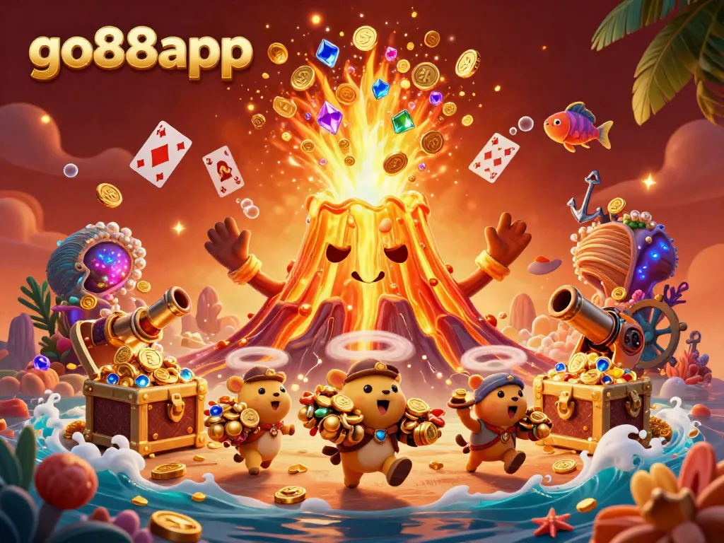 Experience the thrilling games at go88app with this vibrant 3D illustration showcasing golden treasures erupting.