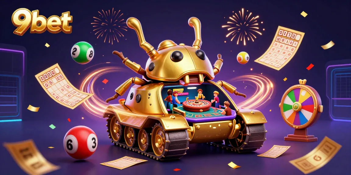 Experience the live casino excitement with 9bet's vibrant 3D illustration of a golden beetle tank revealing a miniature casino.
