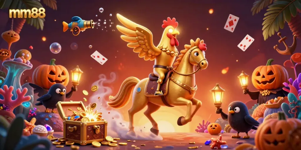 Experience the thrilling mm88 arcade as a golden rooster explores a vibrant casino filled with dazzling treasures.