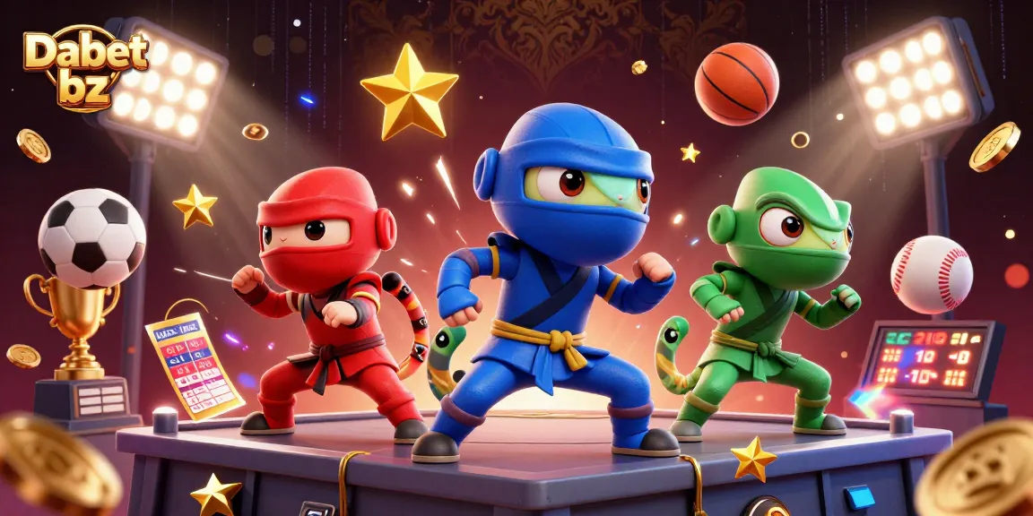 Dabet bz showcases a dynamic 3D illustration featuring ninja chameleons in action-packed poses among sports elements and vibrant lighting.