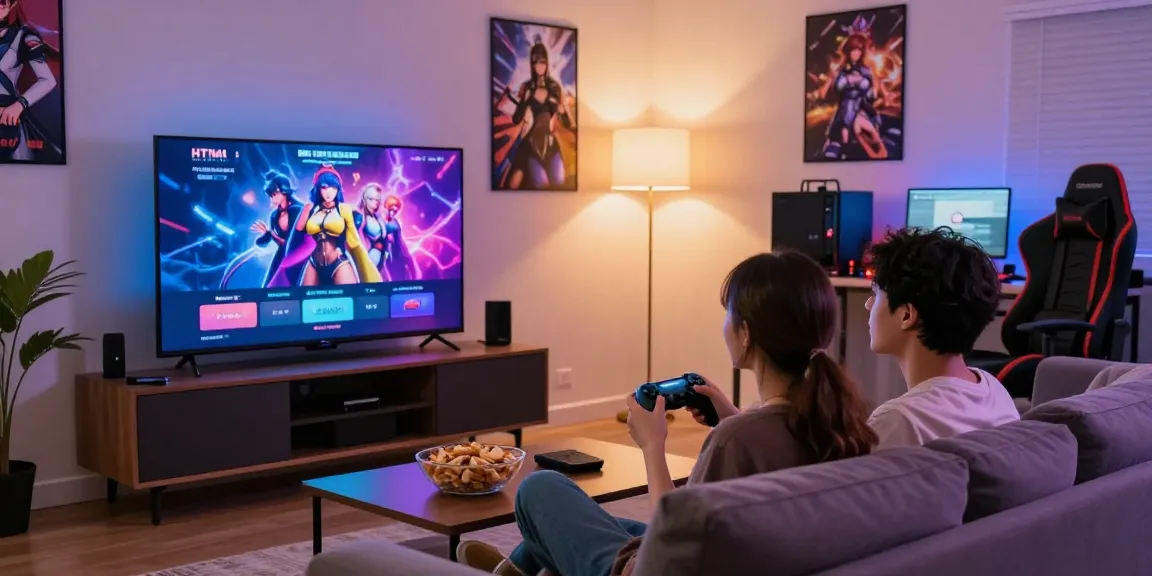 Couple enjoying HTML hentai games together in cozy living room