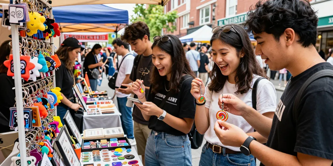 Explore vibrant custom keychains at a lively street market with diverse young adults.