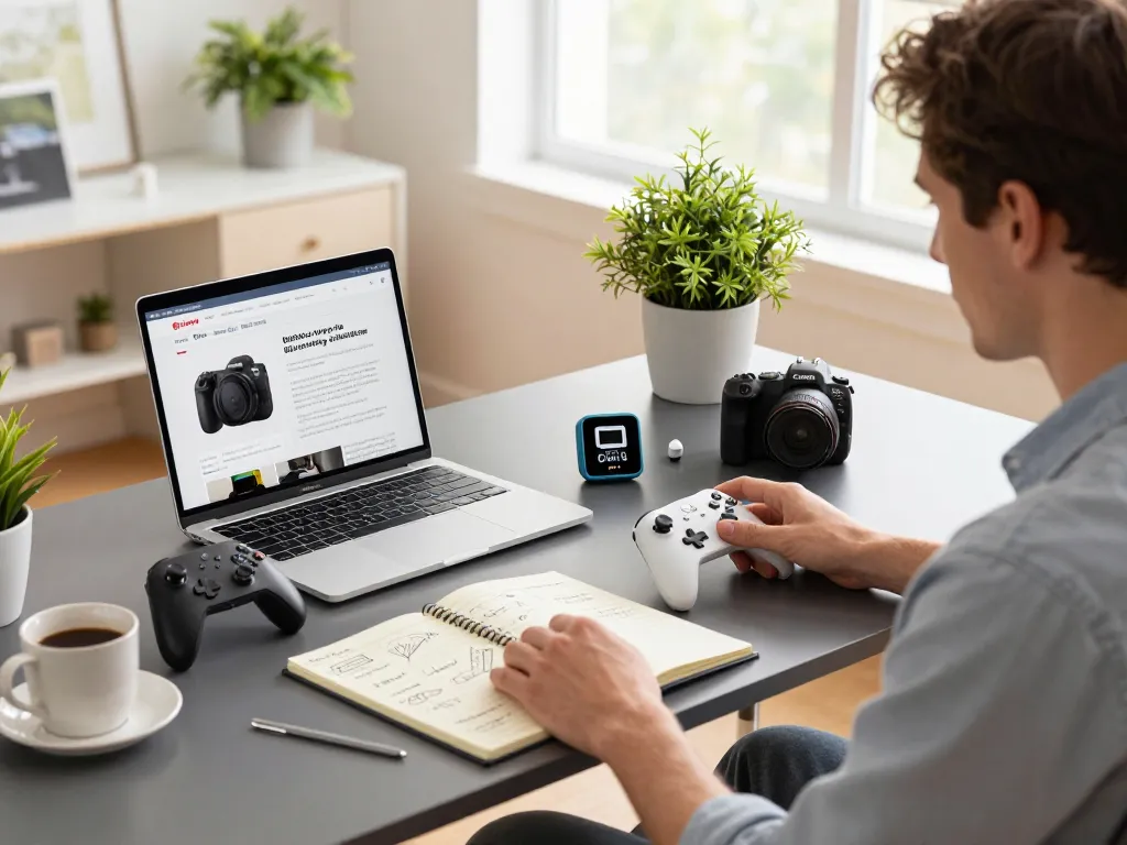 Discover cool tech gadgets under $177 in a modern home office setup featuring Bluetooth devices and a stylish workspace.