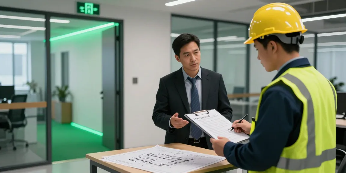 Inspector evaluating an exit door in a commercial building during a safety assessment.