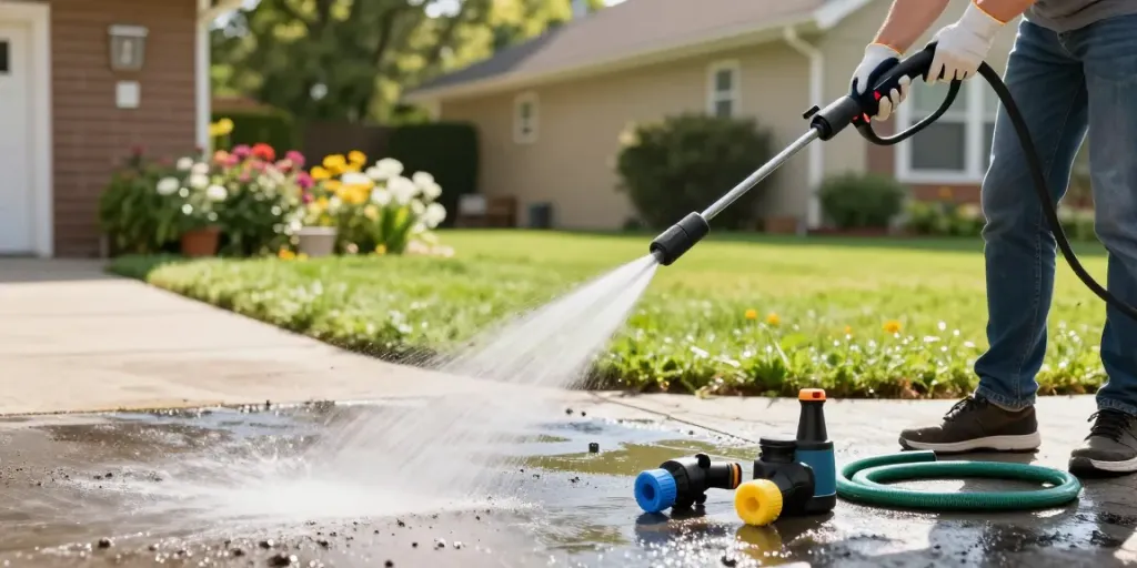 Bosch pressure washer in action, expertly cleaning a driveway with powerful jets in a sunny garden setting.