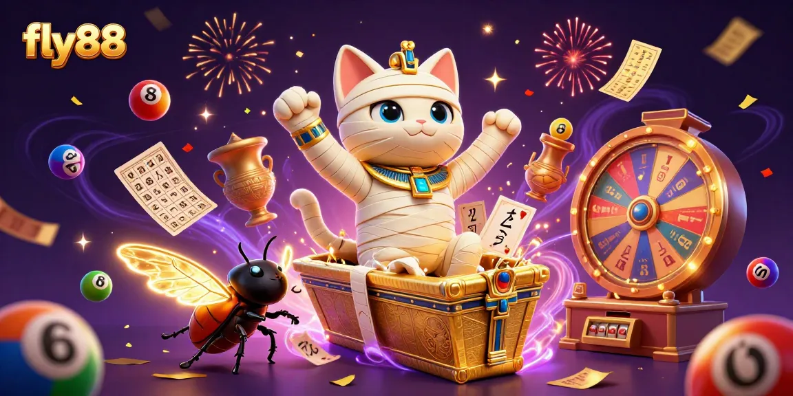 Experience the thrill of fly88 with a lively scene featuring a mummy cat and dynamic casino elements.