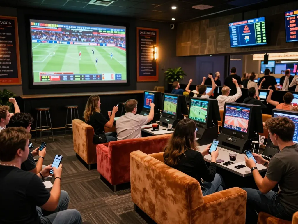 79king players cheering while placing bets in a lively sports betting parlor atmosphere.