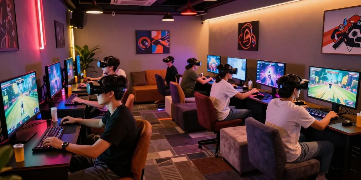 Engaged friends enjoying nsfw games in a vibrant gaming lounge atmosphere.