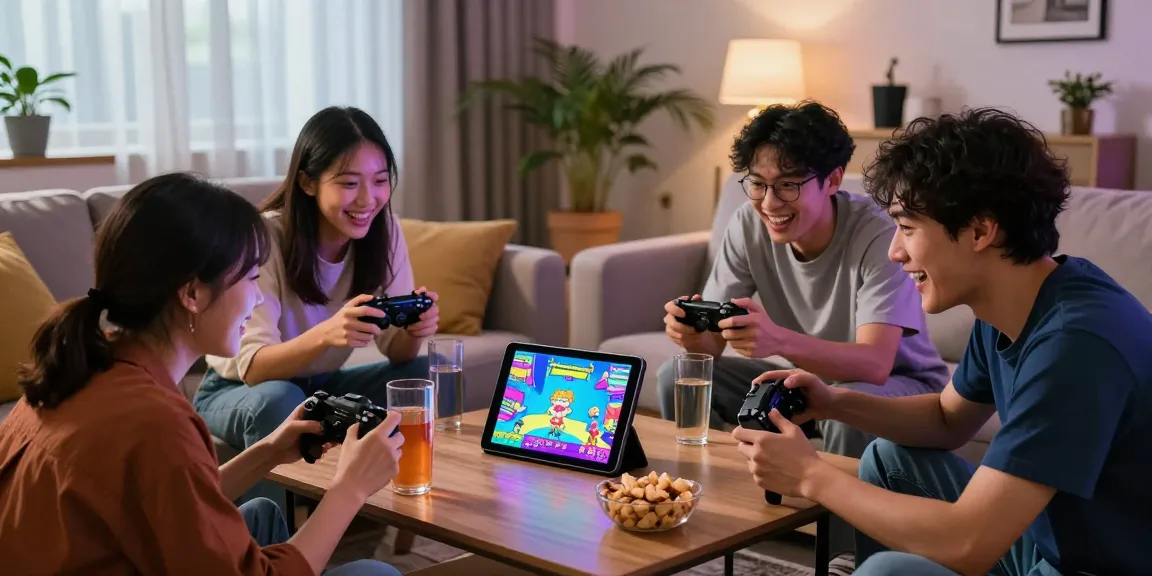 Group enjoying hentaigames on a tablet during a fun gaming night