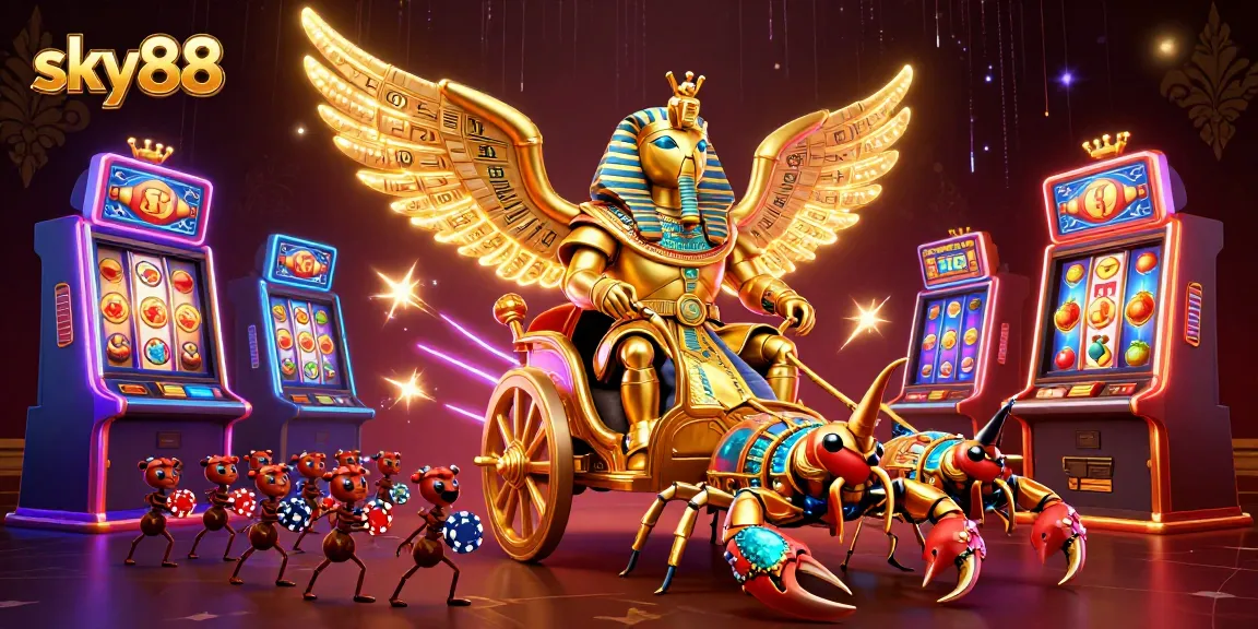 Engage at sky88 with dynamic action in a vibrant casino scene full of slot machines and exciting characters.