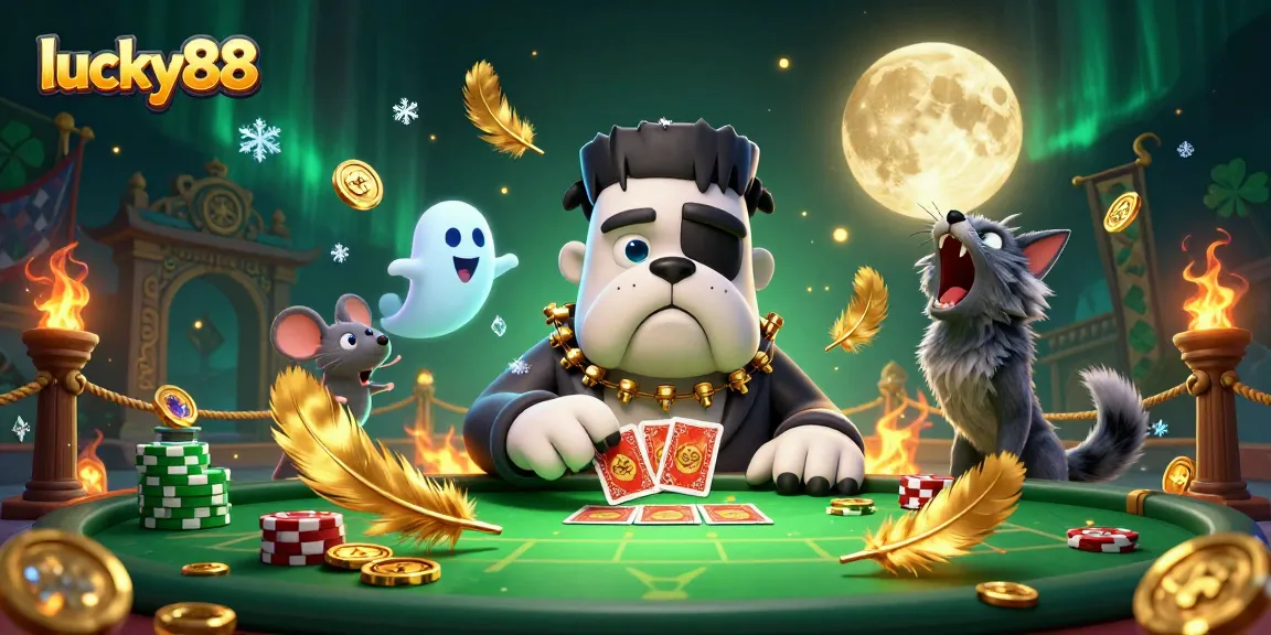 Engage with lucky88 and experience thrilling card dealing action from a spooky monster at a lively casino table.