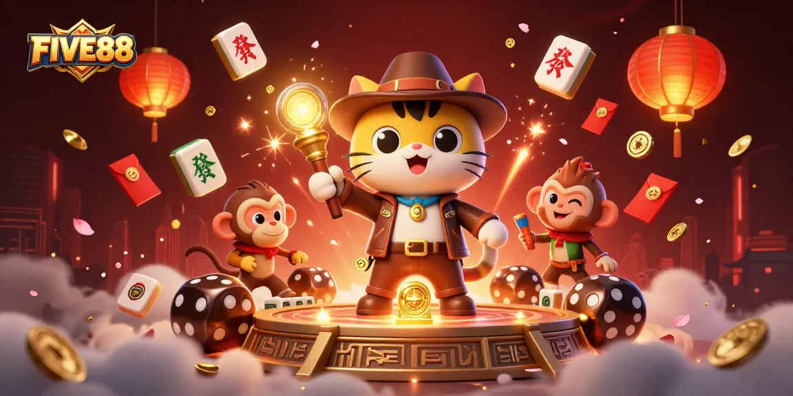 Engage with FIVE88 as you witness a 3D cartoon explorer uncovering casino treasures in a vibrant scene.
