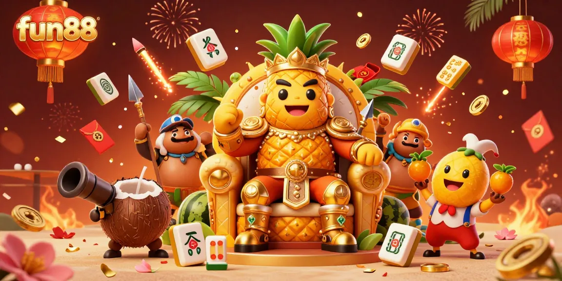 Experience fun88 in a vibrant casino scene featuring a golden pineapple king and lively game elements.