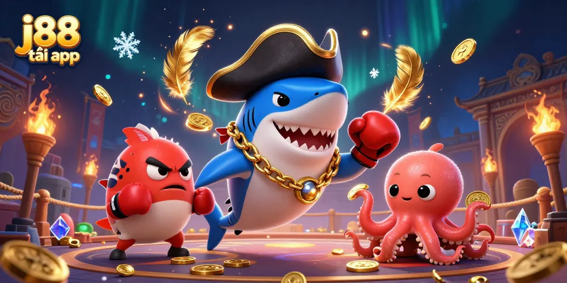 Play exciting games with j88 tải app, featuring dynamic characters like a pirate shark and gold coins!