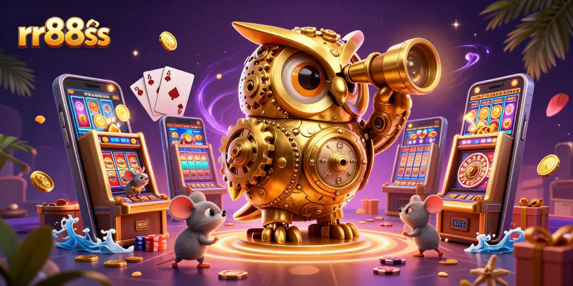 Explore rr88ss's vibrant casino scene, featuring a clockwork owl and mice enjoying slot machines.