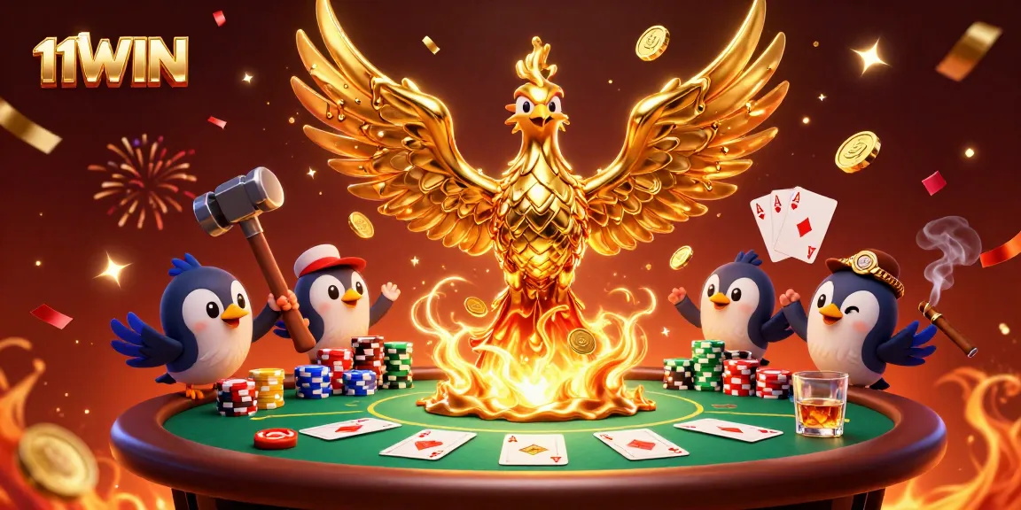 Experience the thrill of 11WIN with a stunning poker scene featuring a golden phoenix and vibrant chips.