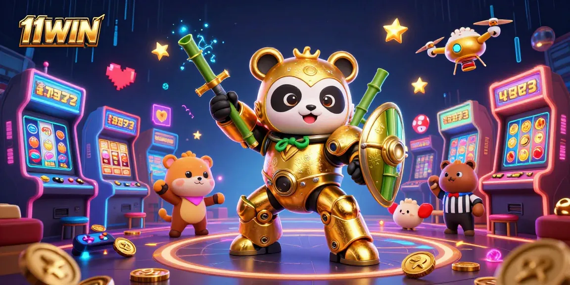 Engage with the vibrant 11WIN casino scene featuring a golden panda piloting a dynamic robot amid cheering fans.